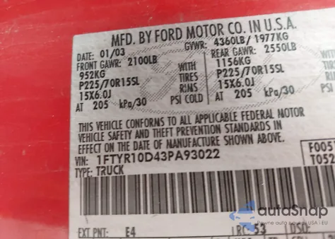 2003 Ford Ranger Xl/Xlt из США, поврежденный, VIN 1FTYR10D43PA93022